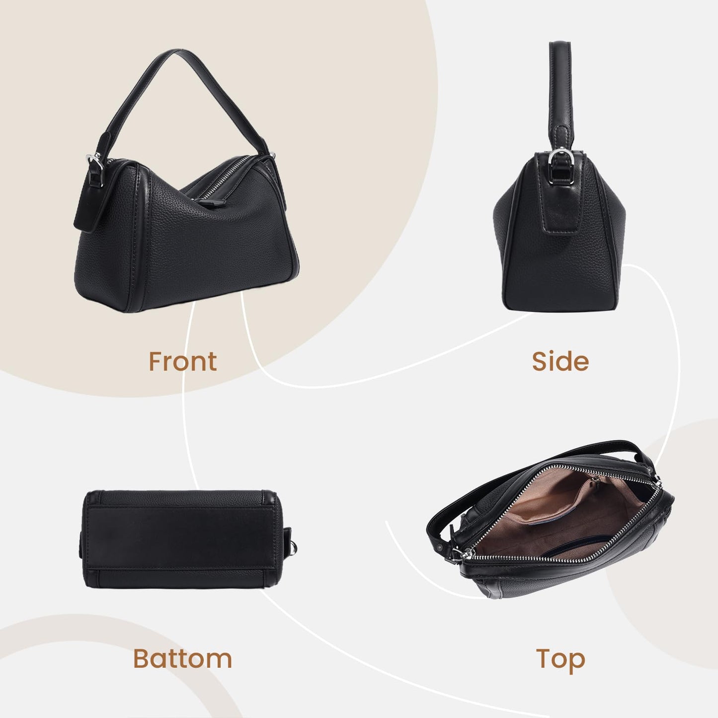 Rosvovo Genuine Leather Purse for Women with Top Handle，Leather Satchel purse Crossbody Bags Handbag with Adjustable Strap Black