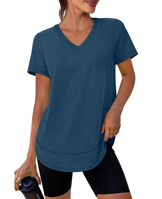 Oversized Tshirts for Women Dry Fit Plus Size Spring Clothes Summer Athletic Tops Workout Shirts V Neck Navy Blue 3XL