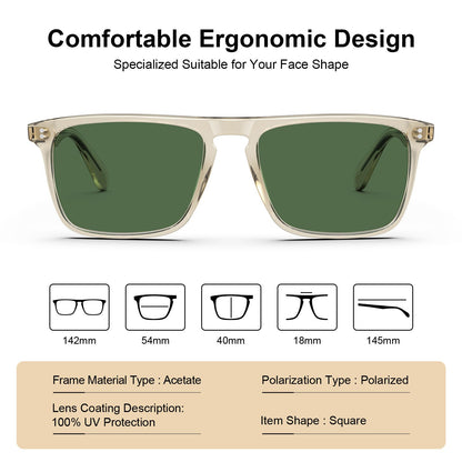CARFIA Retro Polarized Sunglasses for Men UV Protection Hand-crafted Acetate Frame Fishing Golf Spectacles Green Lens
