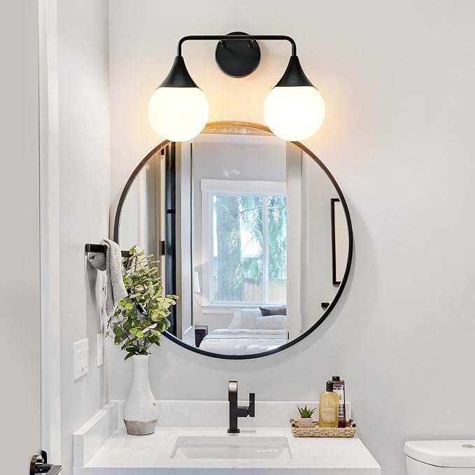 Bathroom Vanity Light Fixtures: 2 Lights Mid Century Farmhouse Bathroom Lighting Fixtures Over Mirror - Matte Black Wall Sconces with Frosted Globe Glass for Hallway Restroom