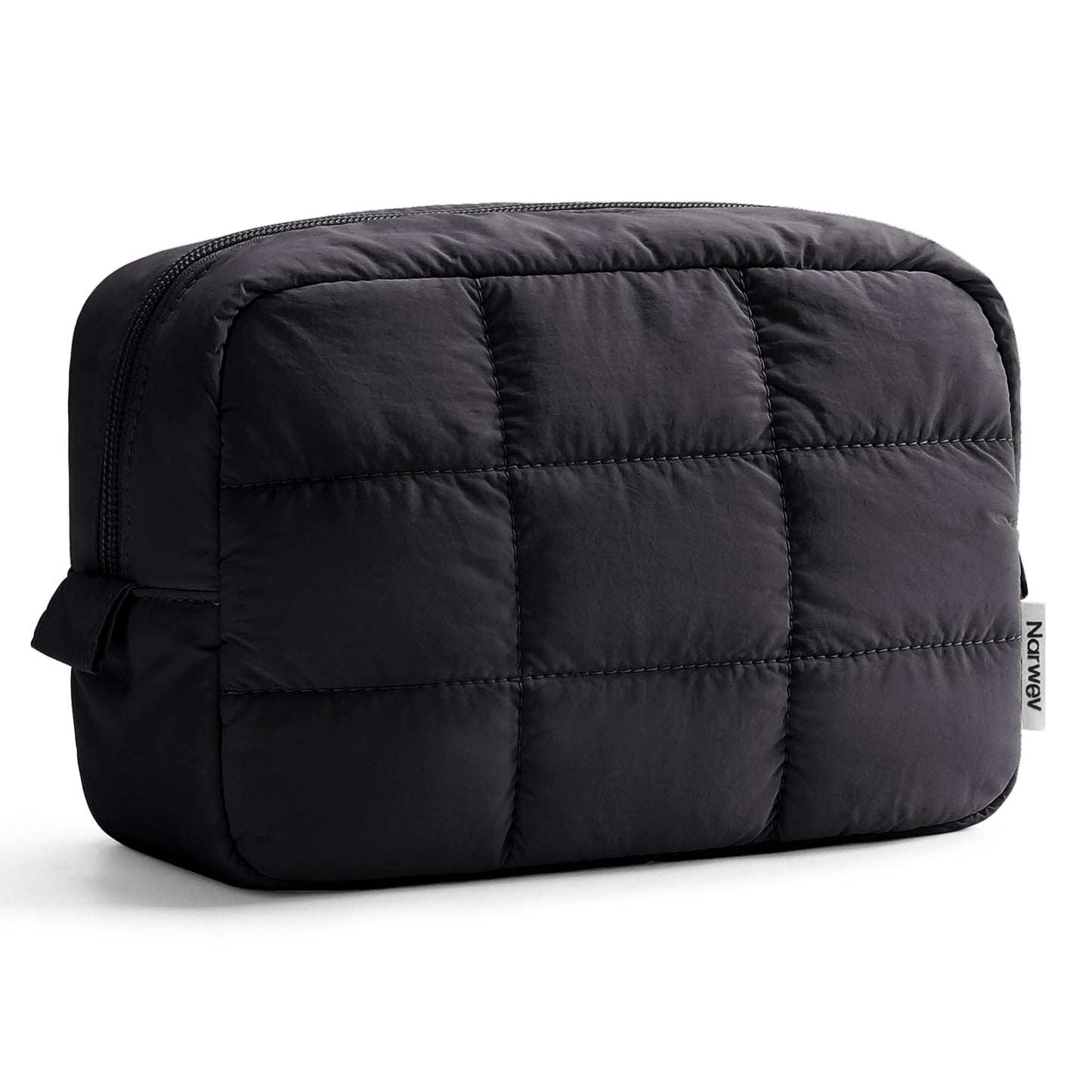 Narwey Puffer Makeup Bag for Women Girl, Quilted Travel Cosmetic Bag Puffy Make Up Bag Organizer, Cute Travel Toiletry Bag for Toiletries (Black)
