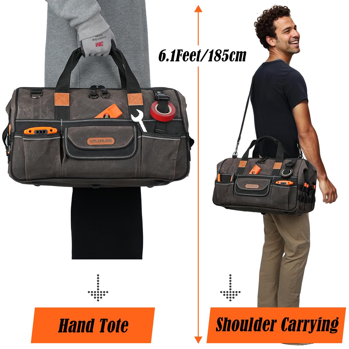 WELKINLAND 18 Inch Waxed Canvas Tool Bag, Heavy-Duty Electrical Tool Bag, Large-Opening 28-Pocket Tools Bag, 36L Tool Bags For Men, Quick-Access HVAC Tools Bags