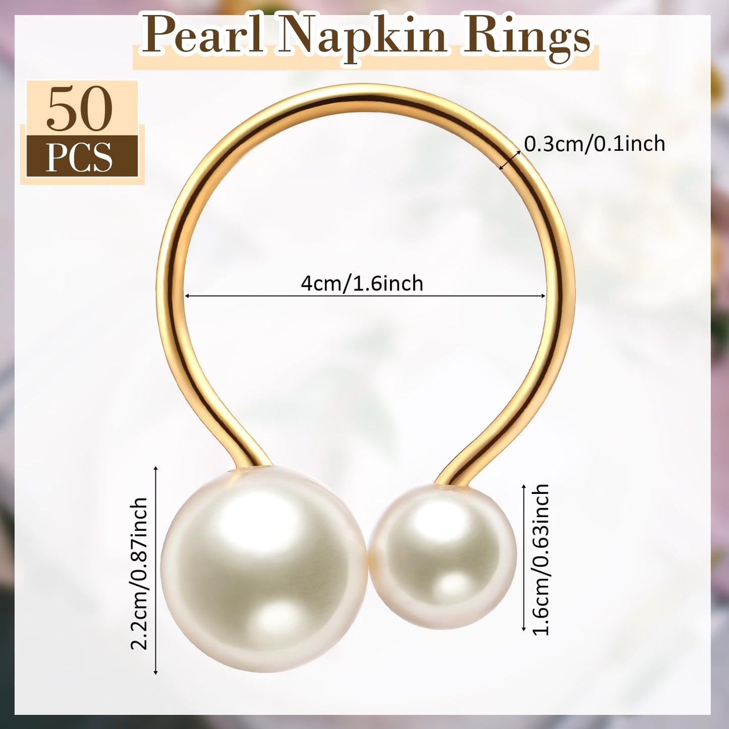 Sliner 50 Pcs Gold Pearl Napkin Rings Set, Faux Pearl Napkin Ring Holders, Delicate Metal Serviette Buckle Bulk for Wedding, Dinner Banquet, Holiday Gather Part, Party Table Decor(Simple Style)