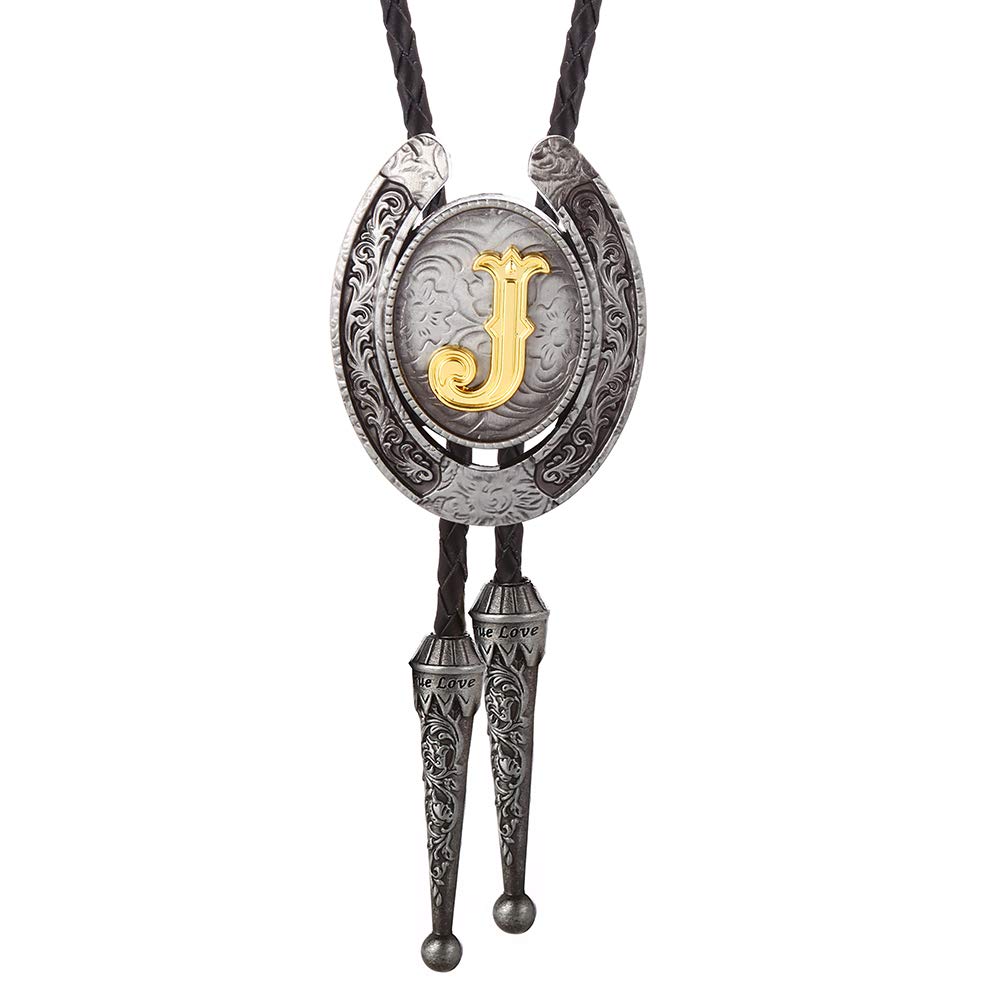 HUABOLA CALYN Vintage Bolo Tie for Men- Initial Letter ABCDMJR to Z Western Cowboy Bolo Tie for Women (J)