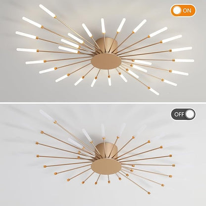 ziidoo Modern Ceiling Light, 28 Lights Metal Firework Designed Chic Led Lighting Fixture for Farmhouse Kitchen Dining Room Bedroom Hallway Living Room (Gold and Dark Gold)
