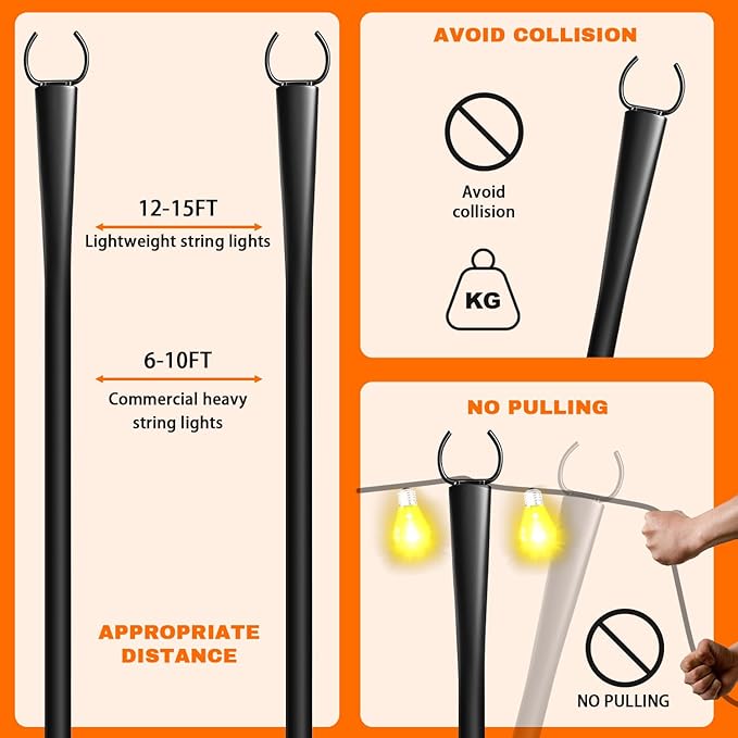 4 Pack 10Ft String Light Poles, Metal Poles with Fork for Outside Lights,Outdoor Metal Light Stand with Fence Brackets Hanging Lights for Garden Patio Wedding Backyard Deck Party