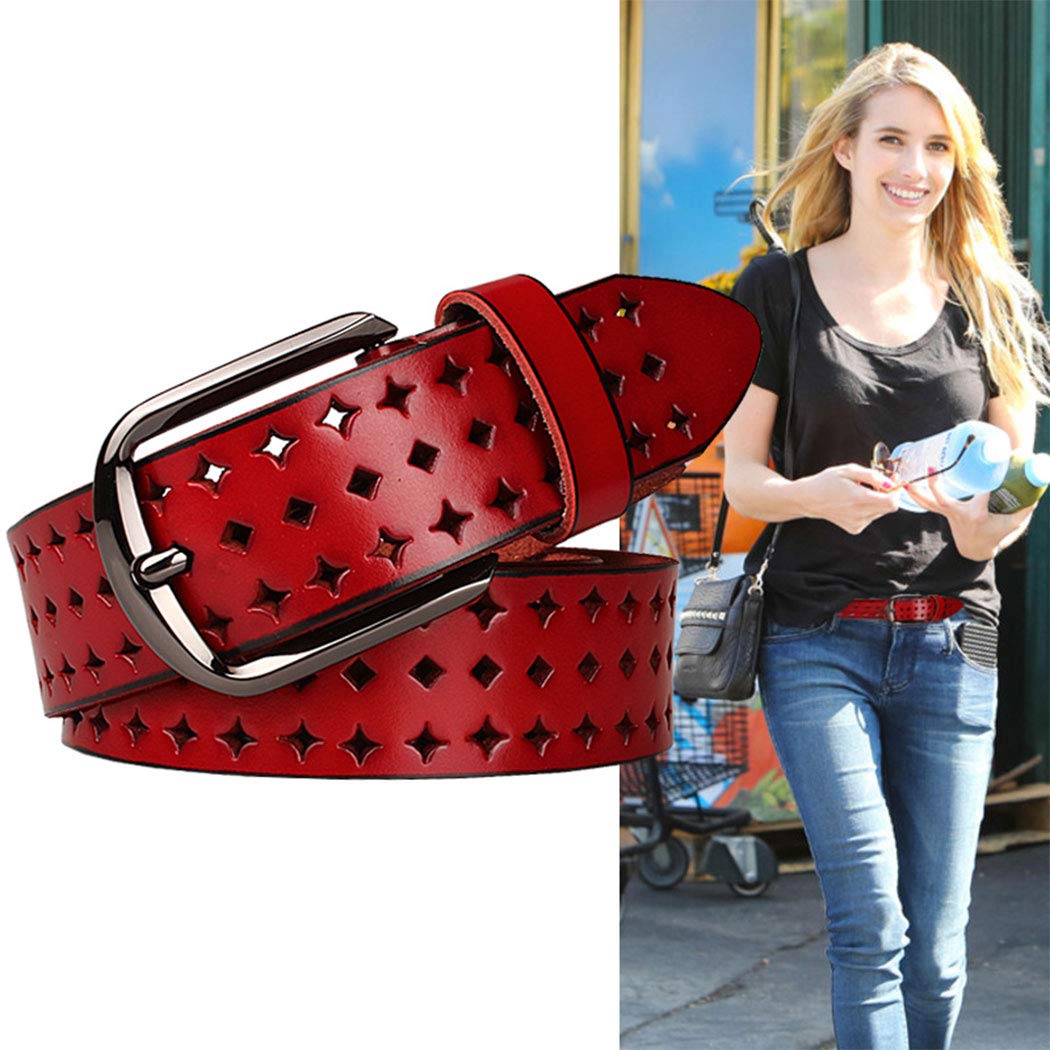 VONSELY Genuine Leather Belts for Women Hollow Out Design, Soft Leather Womens Belts with Pin Buckle, Red Leather Belt