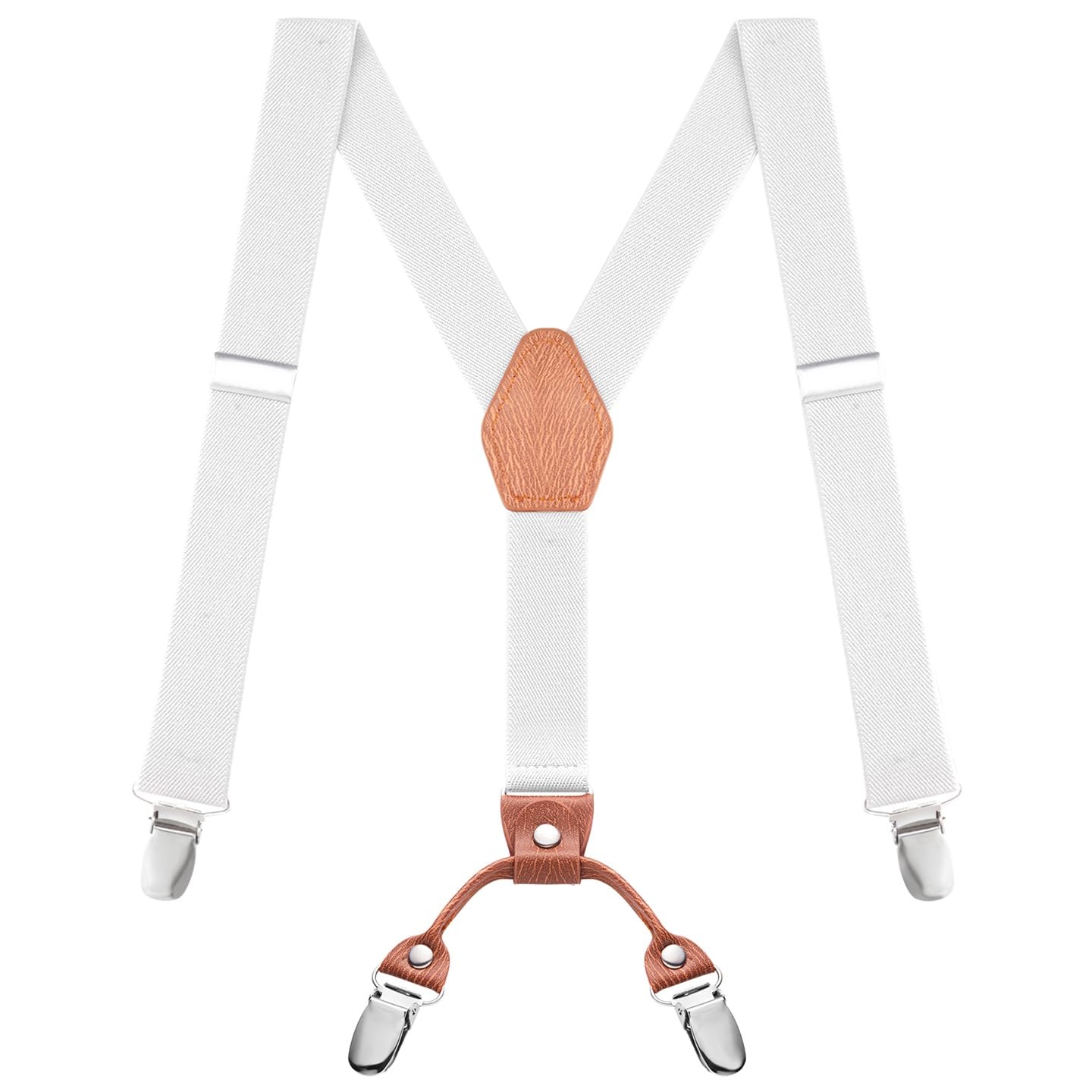 Buyless Fashion Adjustable Suspenders for Kids - 26" Elastic Straps 1" - Leather Y Shape Back - 5151 - White