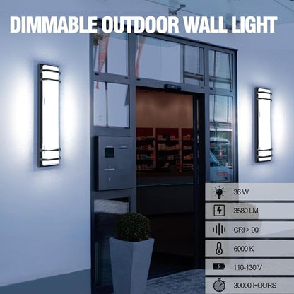 Sytmhoe Outdoor Wall Lights,2Packs 36w Dimmable LED Modern Porch & Patio Wall Light Fixture, 23.6in Black Exterior Sconce Wall Mounted Lights Suitable for Garage Courtyard House(6000K)