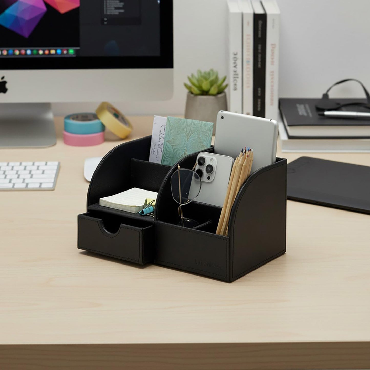 UnionBasic Desk Organizer - Multifunctional Leather Desktop Pen Holder Storage Box - Business Card/Pen/Pencil/Mobile Phone/Stationery Holder, Black