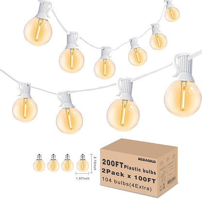 White String Lights Outdoor 200FT Led Globe G40 Patio Lights for Outside with 104 Shatterproof Bulbs Bistro Lights for Wedding Gazebo Pergola, White Wire String Lights 2Pack x 100FT
