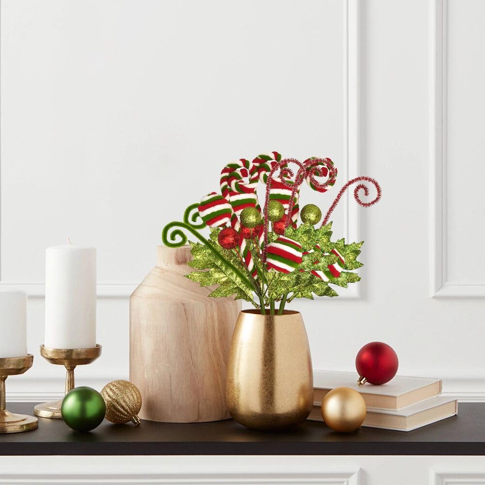 RSACCSKY 3 Pack Artificial Christmas Floral Picks Lime Green Red Berry Stems Xmas Tree Branches with Glitter Ball for Party Flower Arrangement Centerpieces (Green)