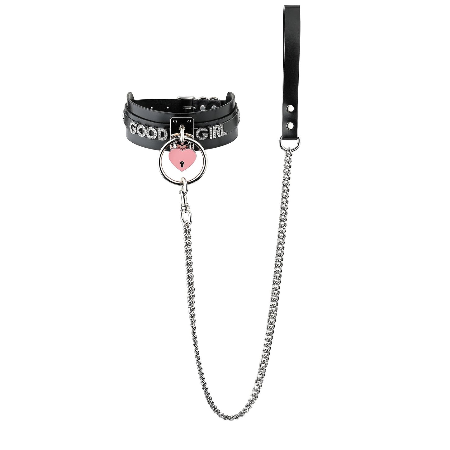 ADEMISHIA Pink Padlock O-ring Leather Choker and Leash Set, Punk Gothic Grunge Emo Necklace For Women, Soft Vegan Leather Collar with Durable Aluminum Chain Leash