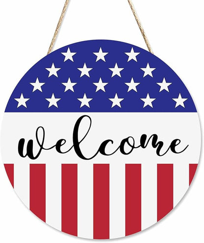 Welcome Wreath Sign for Farmhouse Front Porch Decor Patriotic Welcome Sign 12Inch Wooden Seasonal Decor Hanging Present