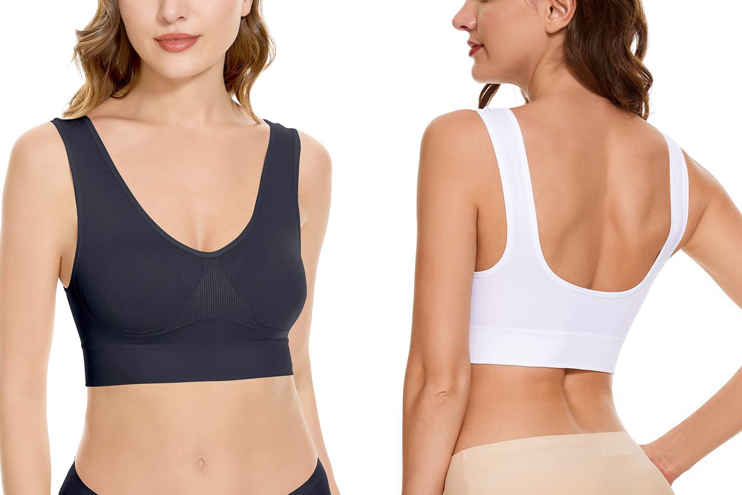 JEMINAY Women's Wireless Sleep Bras Unpadded Seamless Comfort Bras Throw-on Wirefree Bralettes 3 Pack,Black+Beige+White,XL