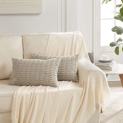 Fancy Homi Taupe Lumbar Decorative Throw Pillow Covers 12x24 Inch for Living Room Couch Bed Sofa, Rustic Farmhouse Boho Home Decor, Soft Striped Corduroy Rectangle Cushion Case 30x60 cm