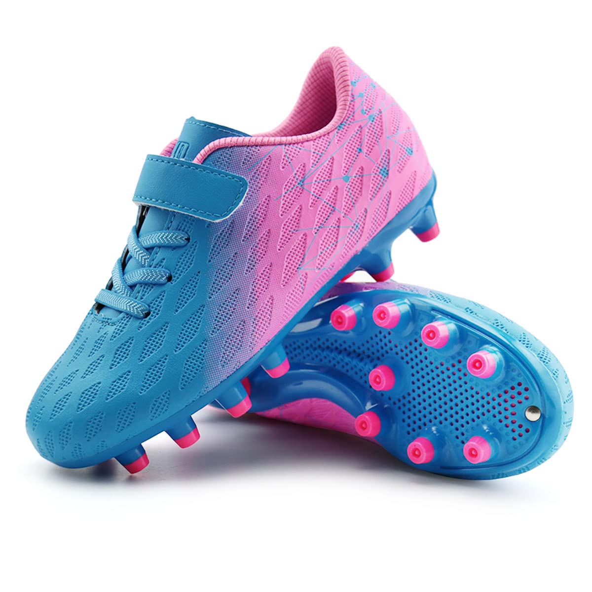 brooman Kids Firm Ground Soccer Cleats Boys Girls Athletic Outdoor Football Shoes(13,Blue Pink)
