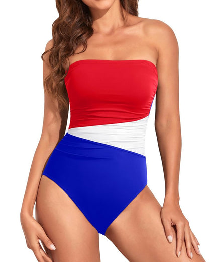 Holipick Women Red White Blue Strapless Bandeau One Piece Swimsuits Tummy Control Bathing Suits Halter Strapless Swimwear L