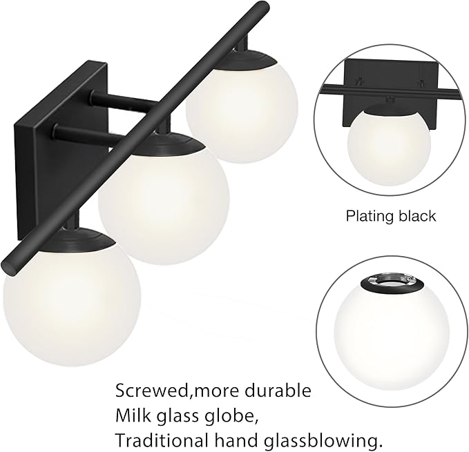 New Bathroom Vanity Light Fixtures 3 Lights Brushed Black Milk White Globe Glass Shade Modern Wall Bar Sconce Over Mirror (Exclude G9 Bulb)