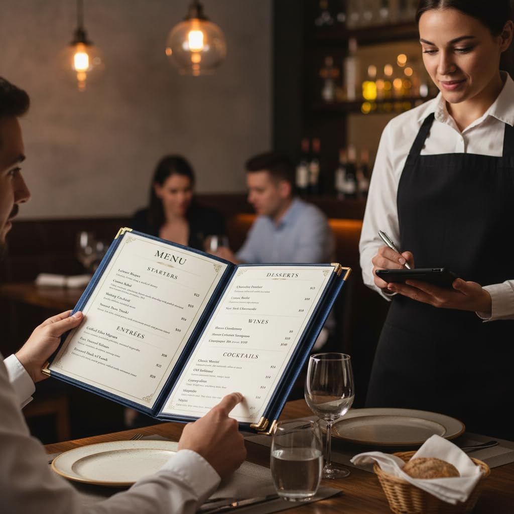 Restaurant Menu Covers 8.5×11 – 8 Page 16 View Menu Sleeve, Premium Navy Faux Leather, Waterproof Durable Menu Holder for Bar Cafe Hotel, 2 Pack