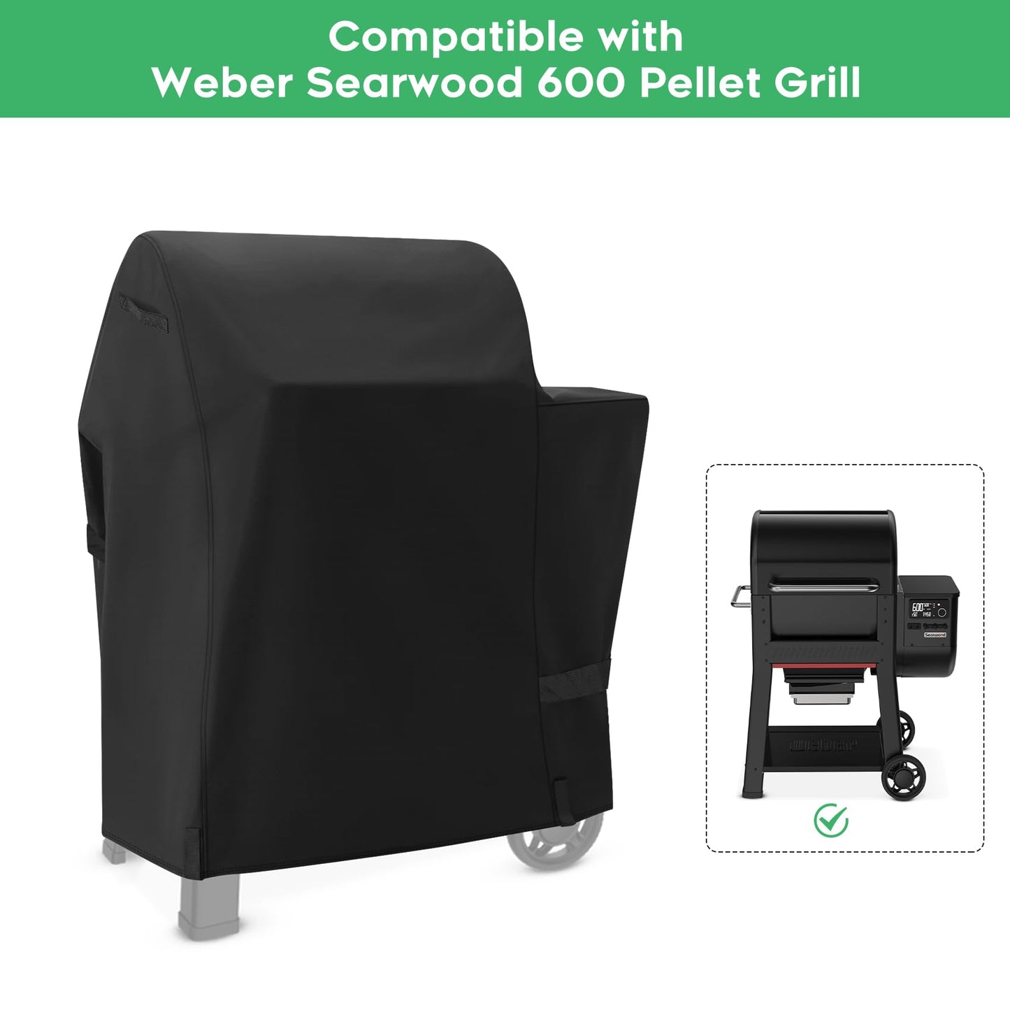 EZ-DONGTENG Heavy-Duty 600D BBQ Grill Cover Compatible with Weber Searwood 600 Pellet Grill, 3400145 Weber Searwood 600 Cover, Black