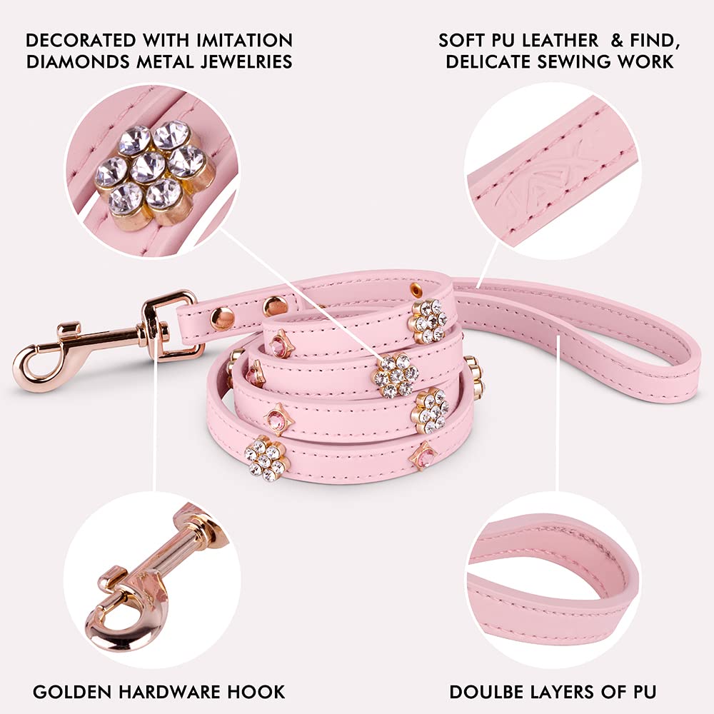 Bling Rhinestone Dog & Cat Leash for Small Dogs & Cats - Sparkly Crystal Flower Design, Soft Comfortable Grip in Vegan PU Leather, Pink - S