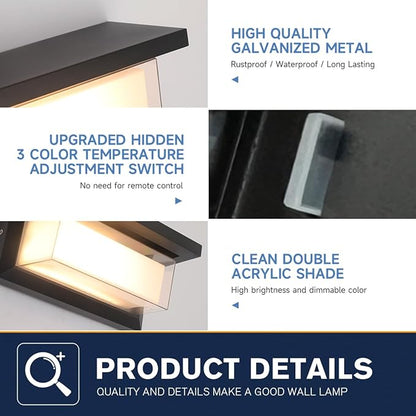 Outdoor Porch Light,15%-100% Dimmable Indoor Wall Light Fixtures,3000K/4000K/6500K Adjustable,24W Exterior Wall Lighting,Waterproof Outdoor Modern Wall Sconce Lights,2160LM Indoor Wall Sconce 2 Pack
