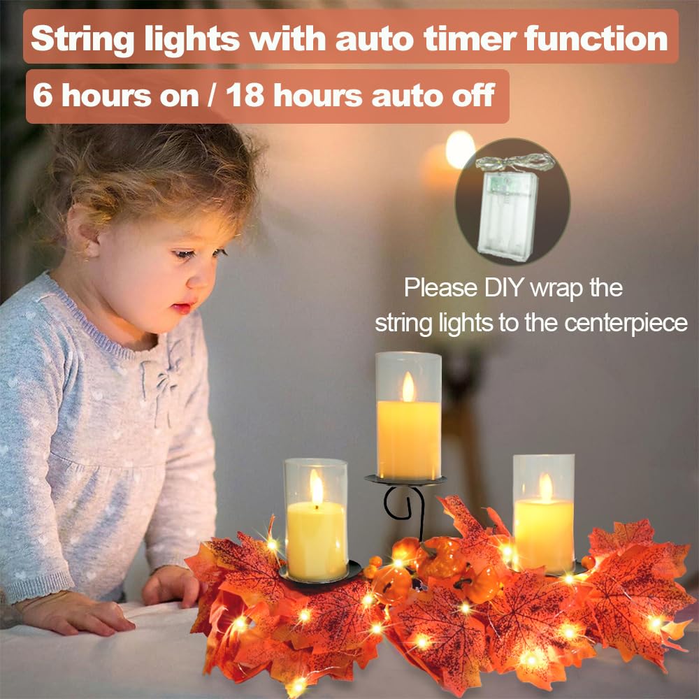 Fall Candle Holder Fall Table Centerpiece with Lights Thanksgiving Table Decor with Pumpkins Berries Maple Leaves Autumn Harvest Decoration with 3 Candle Holders for Dining Table Fireplace Home Decor