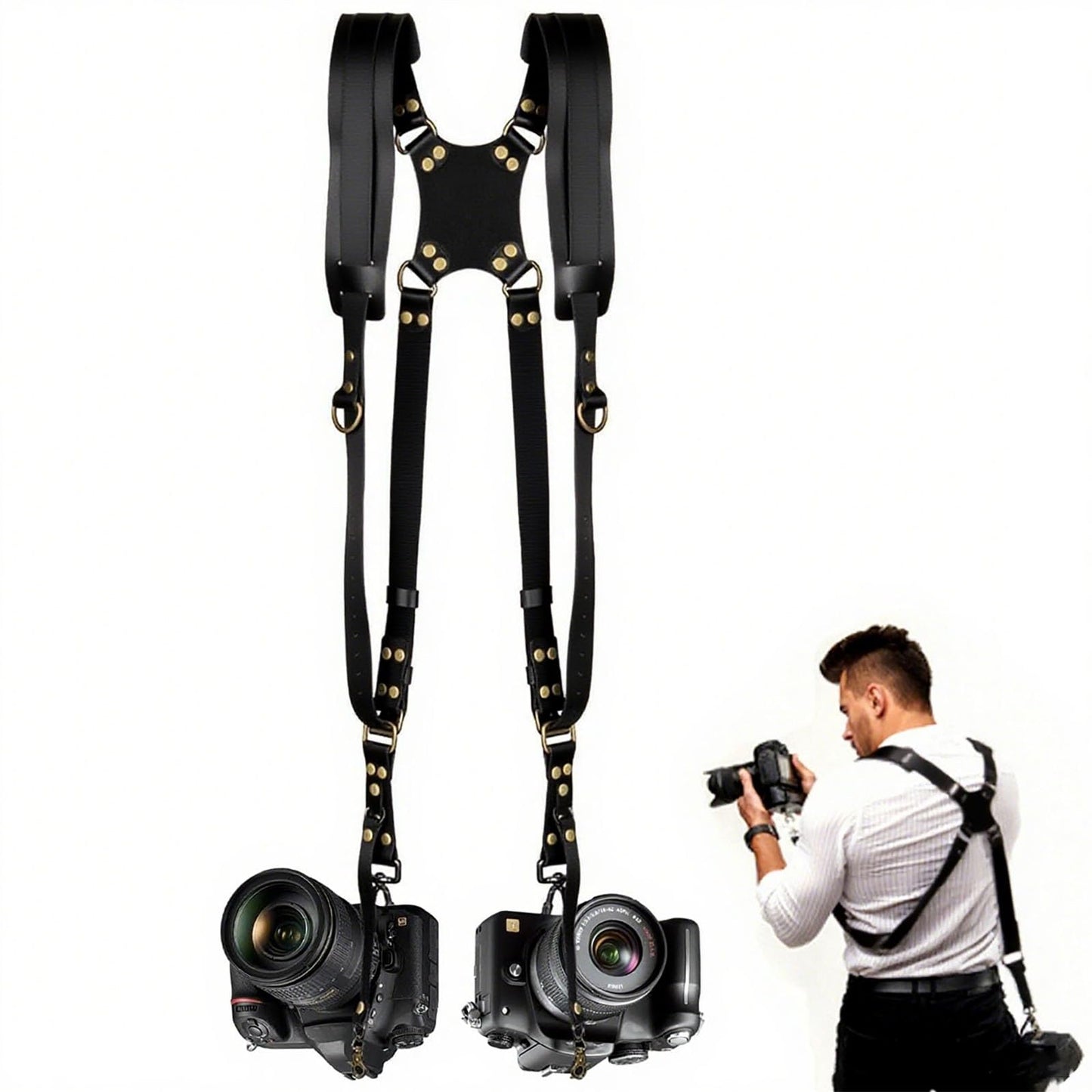 YIHAOSSING Camera Harness,Black Camera Straps for Photographers,Leather Dual Camera Strap for Two DSLR/SLR Cameras (black)