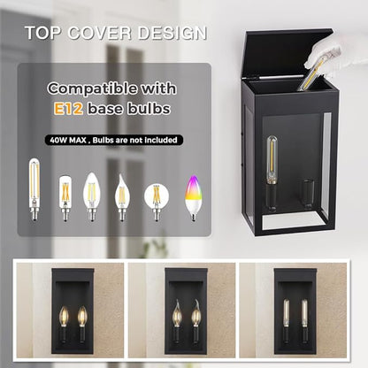 Cerdeco Black Outdoor Wall Light with Clear Glass,Modern Outdoor Wall Sconce with 2*E12 Socket,2 Pack(ETL Listed)