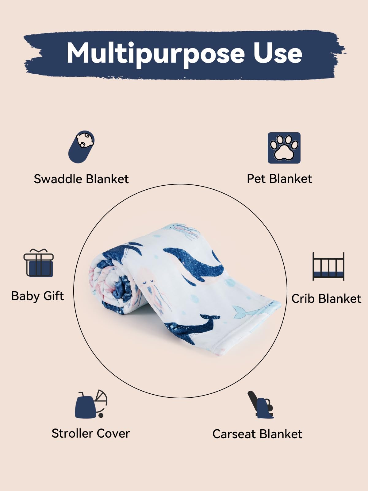 TILLYOU Baby Fleece Blanket 30x40 Inches Soft and Warm Baby Blankets for Boys and Girls Blanket for Toddler Infant Newborn, Whale