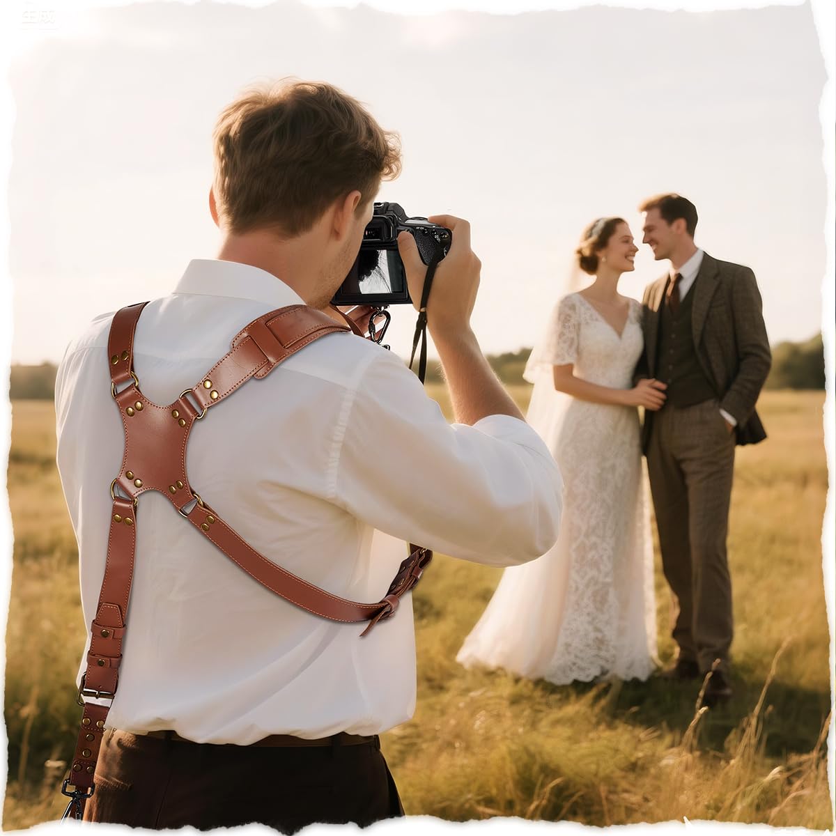 Jumyee Double Camera Harness Strap for 2 Cameras, Adjustable Shoulder Leather Camera Strap for Photographers, Professional Camera Harness for DSLR/SLR for Wedding, Wild, News(Brown Stitched)