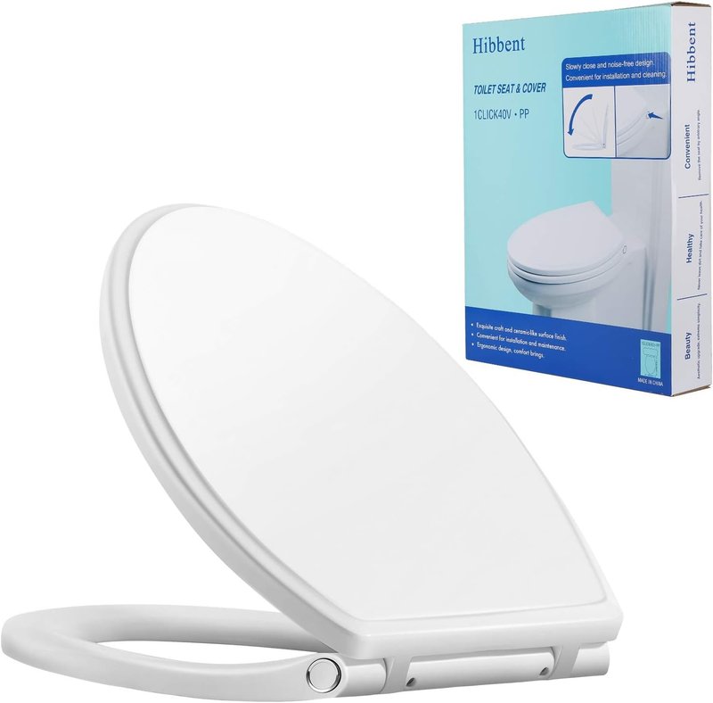 Hibbent Premium Round Toilet Seat with Cover Quiet Close, One-Click to Quick Release, Easy Installation Non-Slip Seat Bumpers, Slow Close Toilet Seat and Cover, Easy Cleaning-White Color