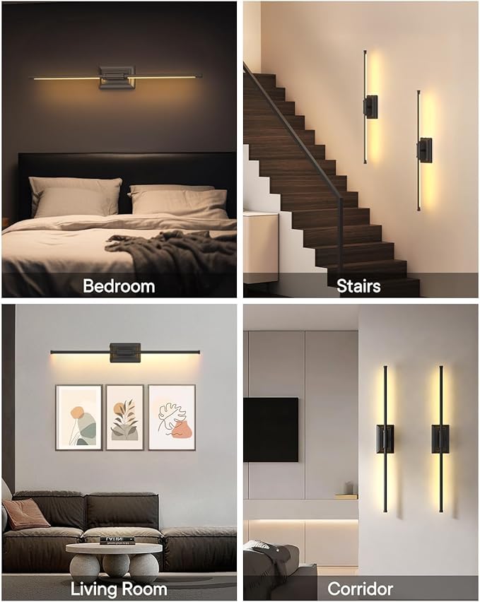 Battery Operated Wall Light - Sanded Black Picture Led Plug in Walls Sconce Fixture Indoor - Art Decor Bathroom Sconces - Modern Bedroom Lights Fixtures with Remote L 24inch-1PK