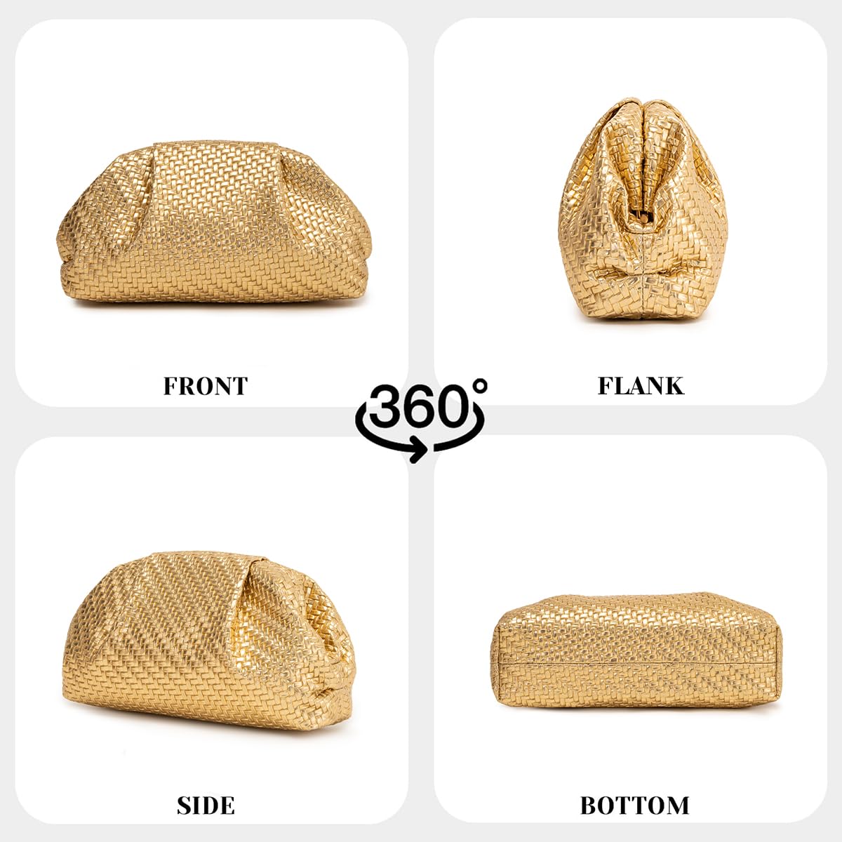 PHILOMENA Women's Woven Evening Bag Vegan Leather Clutch Purse Dumpling Ruched Bag Party Wedding Elegant Handbags (Gold Woven)