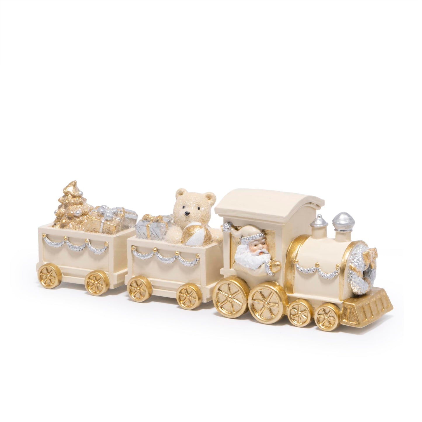Hodao White Gold Christmas Train Decorations – Elegant Hand-Painted Resin Santa Claus and Teddy Bear Train, Luxury Ornament for Tabletop, Mantel, Home Christmas Decor Display