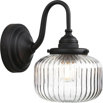 Vintage Gooseneck Wall Sconce 1-Light with Clear Striped Glass Globe Shade Indoor Hardwired Wall Mounted Lamp Fixture