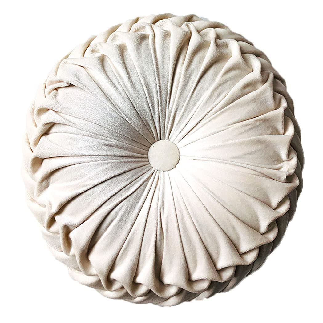 Teieas Round Throw Pillow Velvet Home Decoration Pleated Round Pillow Cushion for Couch Chair Bed Car Beige