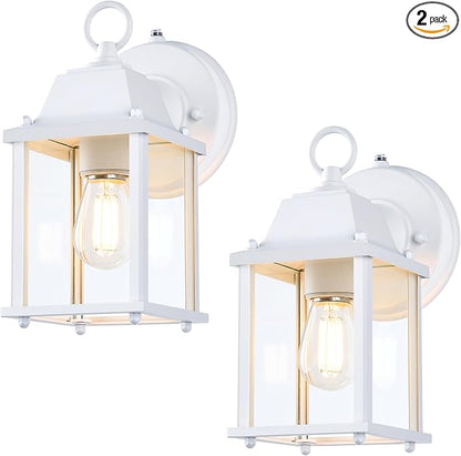 LIT-PaTH Dusk to Dawn Outdoor Wall Lantern, Wall Sconce, Waterproof Proch Light Fixture E26 Base, Aluminum Housing Glass Shade, Outdoor Rated, 2-Pack, White
