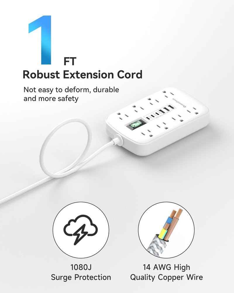 Short Extension Cord 1 ft, Small Power Strip Flat Outlet Extender Surge Protector with 8 AC Outlets 6 USB (5V/4.8A 24W), Mini Extension Cord Flat Wall Plug for Home Office Dorm Kitchen Bathroom