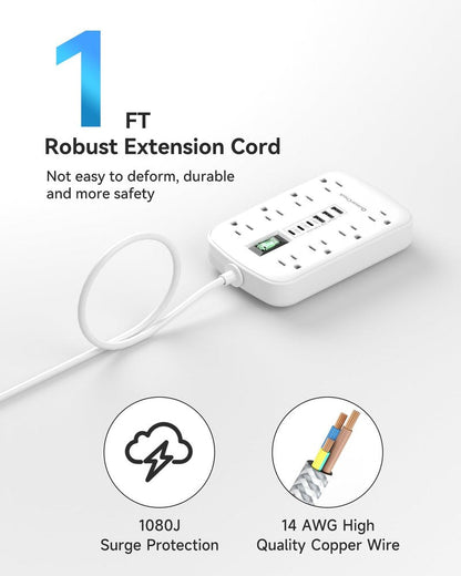 Short Extension Cord 1 ft, Small Power Strip Flat Outlet Extender Surge Protector with 8 AC Outlets 6 USB (5V/4.8A 24W), Mini Extension Cord Flat Wall Plug for Home Office Dorm Kitchen Bathroom