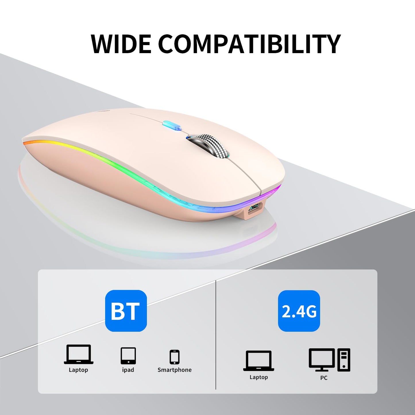 TENMOS Wireless Bluetooth Mouse, LED Slim (Bluetooth 5.1/5.0 + USB) 2.4GHz Rechargeable Silent Bluetooth Wireless Mouse with Type C Adapter for Laptop/MacBook/iPad OS 13 and Above (Matte Black)