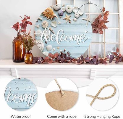 Welcome Porch Wood Sign Seashell Starfish on Blue Wooden Round Hanging Plaque Sign for Porch Yard, Housewarming Present, 12x12inch