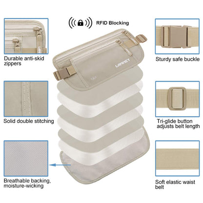 Travel Money Belt Hidden Waist Stash Wallet RFID Blocking Anti-Theft Passport Holder for Men Women, Cream