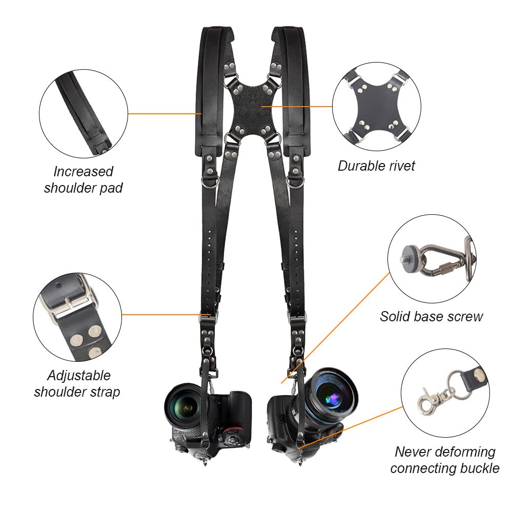 Kasla Camera Strap, Camera Straps for Photographers, Leather Dual Camera Strap for Two DSLR/SLR Cameras (Black)