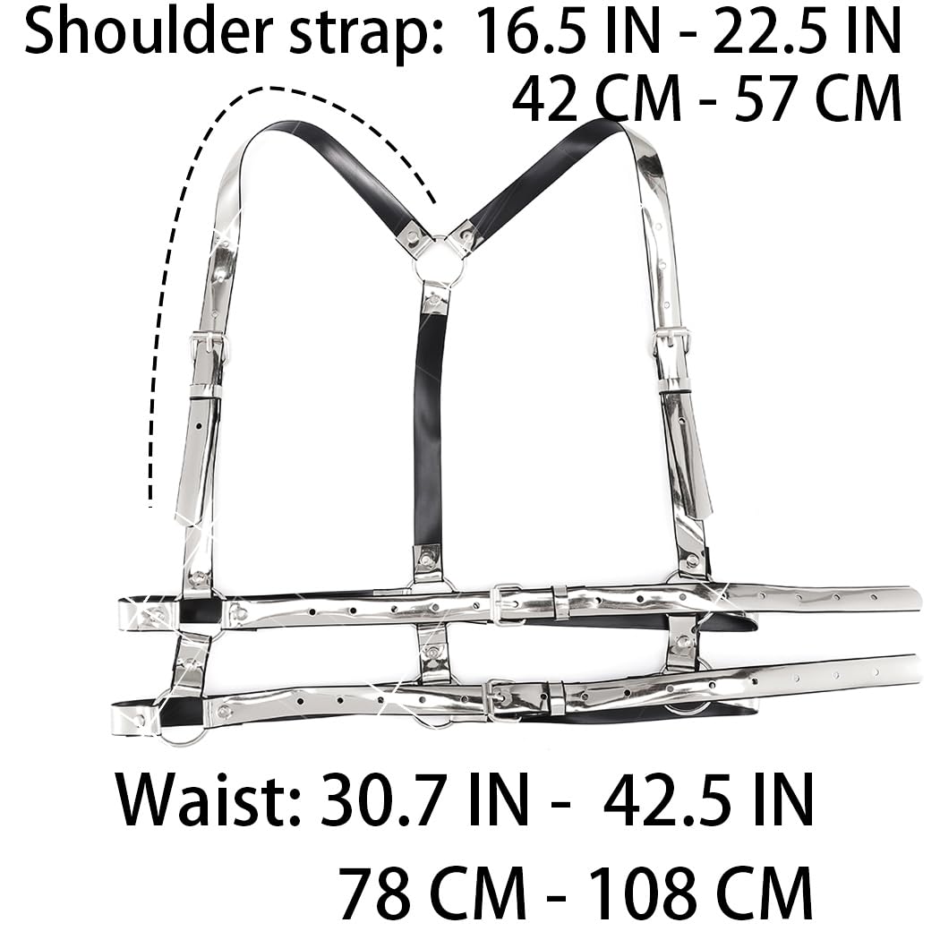 BODIY Women High Waisted Harness Belt Silver Mirror Waist Strap Belts Rave Punk Rock Belts