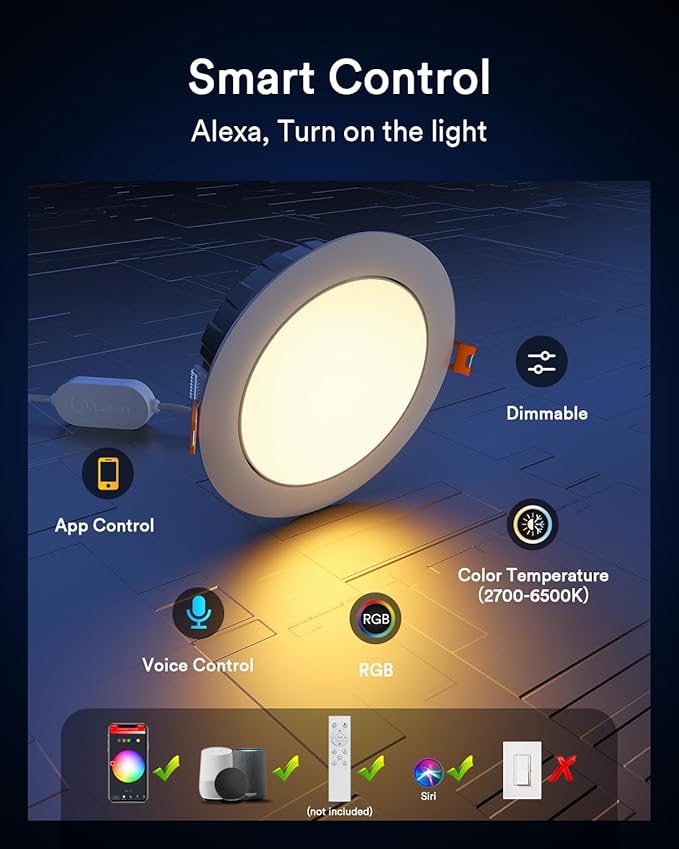 Lumary Smart Gimbal Recessed Lighting 6 Inch, 355°+20° Adjustable RGBWW WiFi Ceiling Light, Work with Alexa Google, Canless LED Downlight with J-Box, 13W 1000LM CRI90, 1PC