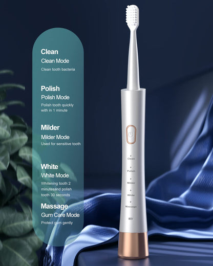Sonic Electric Toothbrush for Adults, USB Rechargeable Sonic Toothbrush with 8 Brush Heads, Smart Timer, 5 Modes, 2-Hour Fast Charge Last 30 Days, Pink