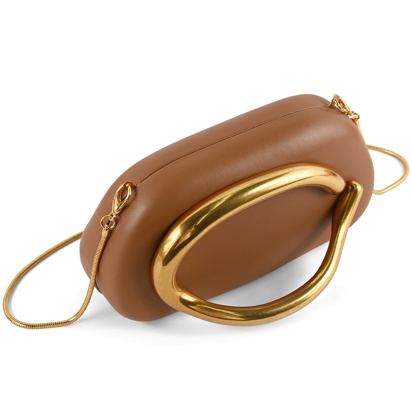 NEWROGENG Clutch Purses for Women Formal, PU Leather Evening Bags with Chain, Trendy Metal Handle Purses and Handbags 2025, Leather Caramel