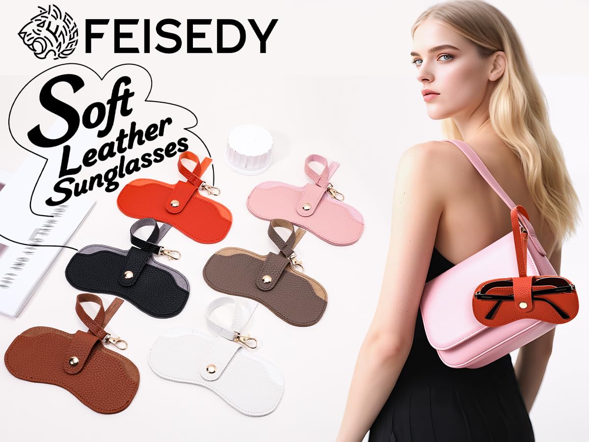 FEISEDY 2Pack Soft Leather Sunglass Case-Slim Portable Glasses Holder with Button-Closure Wrist Strap for Travel & Outdoor B0308
